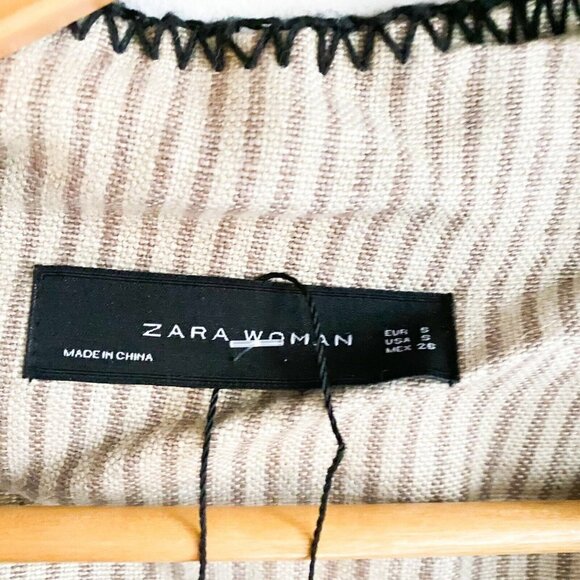 Zara Linen Striped Belted Whipstitch Simple Minimalist Coat S - Picture 6 of 10